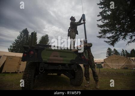 U.S. Marine Corps Sgt. Durrell Dowling, left, and Cpl. Preston Fredrick with Headquarters Regiment, 2nd Marine Logistics Group-Forward, position a high frequency mobile antenna in Hell, Norway, Oct. 14, 2018. Marines establish and maintain communications throughout Exercise Trident Juncture 18. Trident Juncture 18 is part of a planned exercise series to enhance the U.S. and NATO allies’ ability to work together collectively to conduct military operations under challenging conditions. Stock Photo