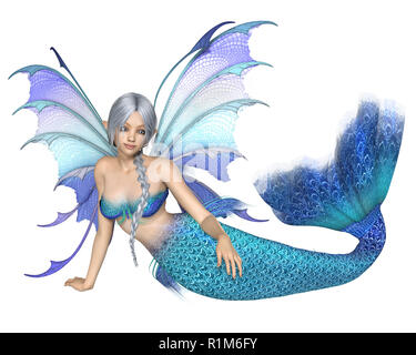 Bright Blue Fantasy Mermaid Fairy, Reclining Stock Photo