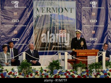 Groton, Conn. (Oct. 20, 2018) Vice Adm. Charles 'Chas' Richard, Commander, Submarine Forces, delivers his remarks as guest speaker during the christening ceremony for the Virginia-class fast-attack submarine Pre-Commissioning Unit (PCU) Vermont (SSN 792) held at Electric Boat in Groton, Connecticut. Vermont is the 19th Virginia-class submarine and the 3rd U.S. Navy ship to bear the name Vermont. Stock Photo