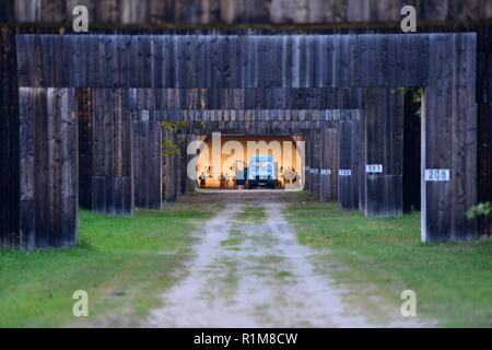 U.S. Soldiers assigned to the 554th Military Police Company set up for a day of M-4 rifle training at Panzer Range Complex near Stuttgart, Germany, October 16, 2018. Stock Photo