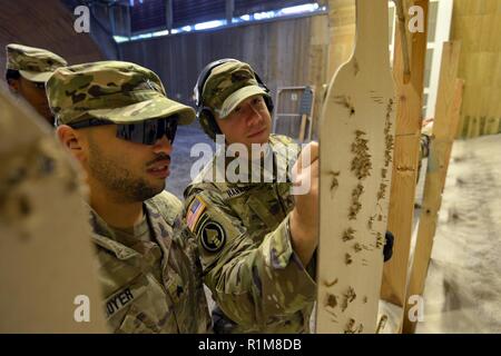 U.S. Soldiers assigned to the 554th Military Police Company inspect their targets during a live-fire qualification course. This training evolution took place at Panzer Range Complex near Stuttgart, Germany, October 16, 2018. Stock Photo