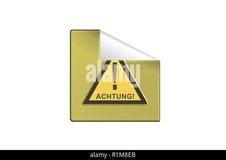 Yellow warning sign Sticker in 3 D with inscription in German Attention Stock Photo