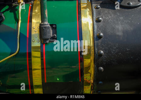 Closeup details of a colourful steam traction engine, Hampshire, UK Stock Photo