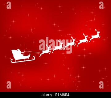 Santa Claus riding reindeer on a red shiny Christmas background. Stock Vector
