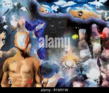 Complex surreal painting. Man with open door to another world. Eye of God. Human's palm with clock hands. Stock Photo