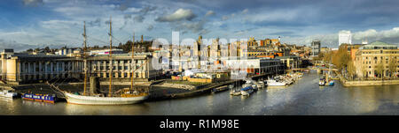 Panoramic view of the Harbourside and the City of Bristol with the sailing ship 'Kascalot' moored in the River Avon. Stock Photo