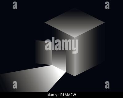 Isometric cube with door, light from an open door. Retro surrealism in gray shades. Black white vector illustration Stock Vector