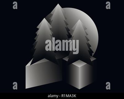 Fir trees and 3d isometric cube. Black and white gradient. Surrealism in gray shades. Vector illustration Stock Vector