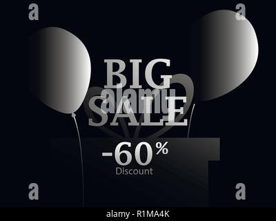 Black Friday. Big sale. Poster with black balloons and gift boxes in the frame. 60 percent discount. Vector illustration Stock Vector