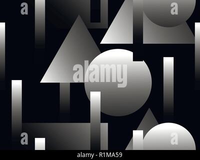 Memphis black and white seamless pattern. Geometric objects with monochrome gradient in the style of memphis. Luxury background in gray shades. Vector Stock Vector