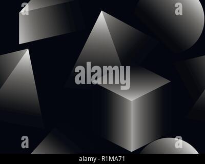 3d pyramis and cubes seamless pattern. Retro background gray shades. Isometric triangles and squares with gradient. Vector illustration Stock Vector