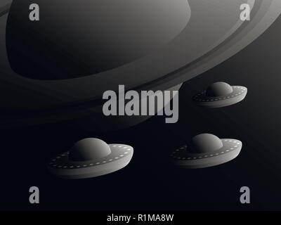 UFO in Saturn orbit. Spaceships in space. Retro style with shades of gray. Black and white space landscape. Vector illustration Stock Vector