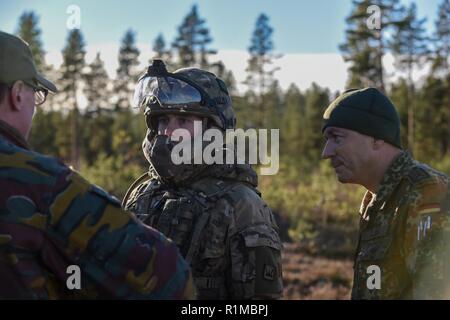 German, Belgian and British soldiers discuss an upcoming river crossing near Rena in Norway. They are part of the Very High Readiness Joint Task Force of the NATO Response Force 2019.  During Exercise Trident Juncture 2018 in Norway they certify themselves for this task. Some 50.000 troops, 10.000 vehicles, 250 aircraft and 60 ships from 31 NATO nations and partners take part. Stock Photo