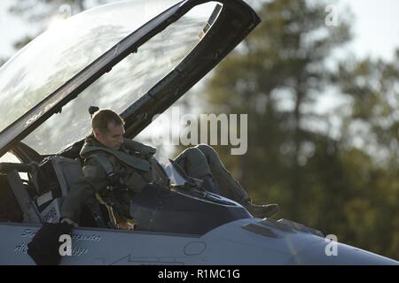 U.S. Air Force Lt. Col. Michael Richard, 480th Expeditionary Fighter Squadron commander, exits an F-16 Fighting Falcon, at Kallax Air Base, Sweden, Oct. 19, 2018. The 480th EFS is participating in Trident Juncture 2018 which is designed to test NATO's ability to plan and conduct a major collective defense operation and coordinate large elements of a NATO force. (U.S. Air Force photo by Staff Sgt. Jonathan Snyder) Stock Photo