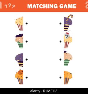 Matching game. Educational children activity with Halloween cupcakes Stock Vector