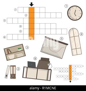 Vector colorless crossword, education game for children - office icons Stock Vector