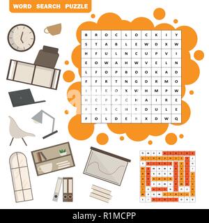 Vector colorless crossword, education game for children about office Stock Vector