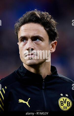 MADRID, SPAIN - NOVEMBER 06: Thomas Delaney of Borussia Dortmund looks on prior to the Group A match of the UEFA Champions League between Club Atletico de Madrid and Borussia Dortmund at Estadio Wanda Metropolitano on November 6, 2018 in Madrid, Spain.  (MB Media) Stock Photo