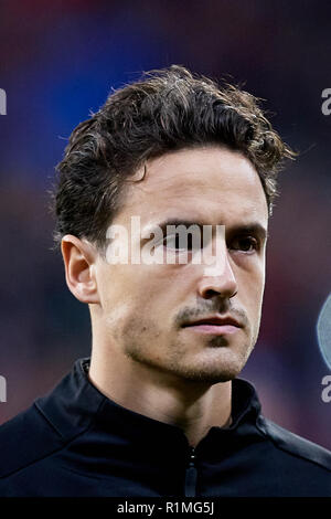 MADRID, SPAIN - NOVEMBER 06: Thomas Delaney of Borussia Dortmund looks on prior to the Group A match of the UEFA Champions League between Club Atletico de Madrid and Borussia Dortmund at Estadio Wanda Metropolitano on November 6, 2018 in Madrid, Spain.  (MB Media) Stock Photo