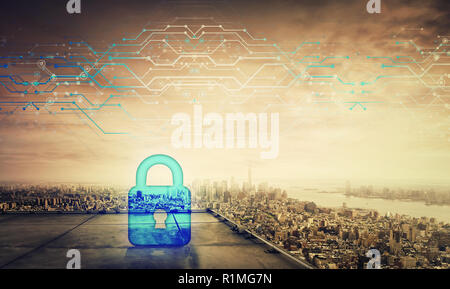 Blue padlock icon hologram on the rooftop of a skyscraper over the big city horizon at sunset. Future security password cyber attack information, prot Stock Photo