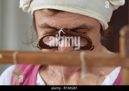 Italy Lombardy Reenactment Ancient Crafts Woman Wearing Wooden Glasses Stock Photo Alamy