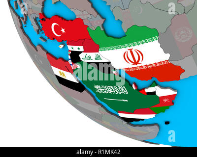 Middle East with embedded national flags on simple 3D globe. 3D illustration. Stock Photo