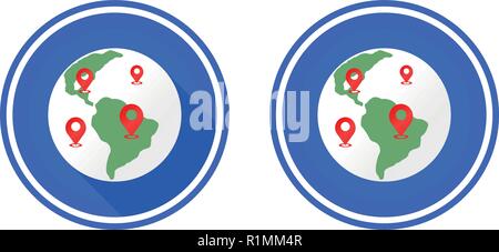 Planet and locations mark earth round flat icon, use colors blue, red and white Stock Vector