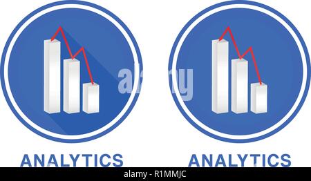 Round Flat Analytics Icon, graph with different columns, positive business graph width red Arrow vector illustration. Two versions of icons Stock Vector