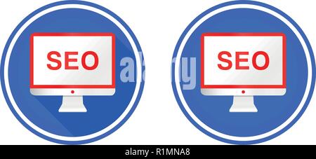 Monitor Flat icon, Monitor screen and word seo, Search Engine Optimization. use colors blue, red and white Stock Vector