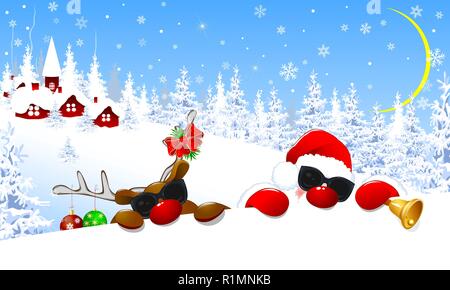 Santa Claus and reindeer in the glasses.The deer is decorated with Christmas balls and a red bow. Santa and deer on background village and winter fore Stock Vector