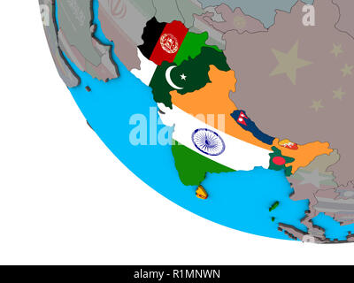 SAARC memeber states with embedded national flags on simple 3D globe. 3D illustration. Stock Photo