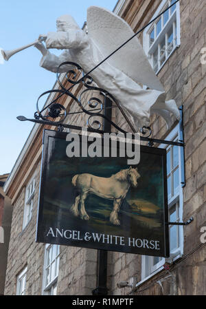 Pub sign for the Angel and White Horse public house on Bridge Street in Tadcaster, North Yorkshire Stock Photo