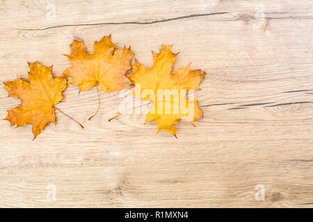 Autumn Leaves over wooden background Stock Photo
