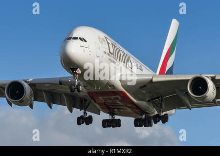 Nose and undercarriage of an Airbus A380 with Airbus livery, in flight ...