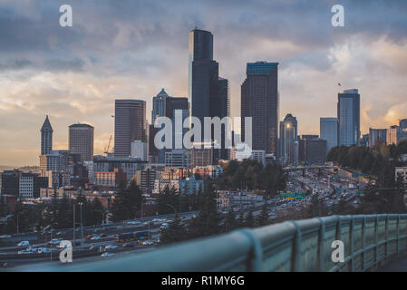 Seattle Skyline at Sunset Stock Photo