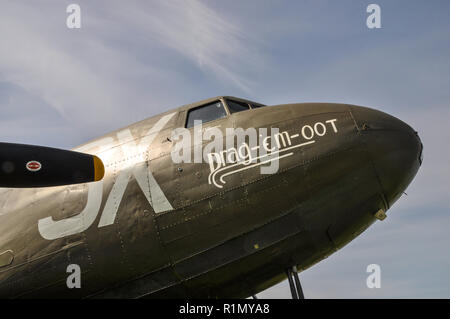 Douglas C-47 Skytrain, Dakota named Drag em oot. D-Day veteran plane served with US Army Air Force dropping paratroops at St Mere Eglise near Normandy Stock Photo