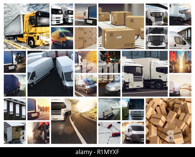 Collage composition with vans and trucks. Concept of transport and logistic Stock Photo