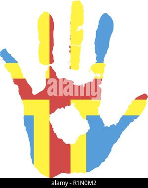 blue, yellow, red color of the flag. vector handprint in the form of the flag of Aland Island. Stock Vector