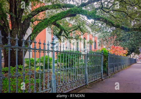 An iron fence surrounds the Cathedral of the Immaculate Conception, Dec. 18, 2017, on Dauphin Street in Mobile, Alabama. Stock Photo