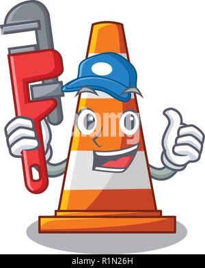 Plumber on traffic cone against mascot argaet Stock Vector