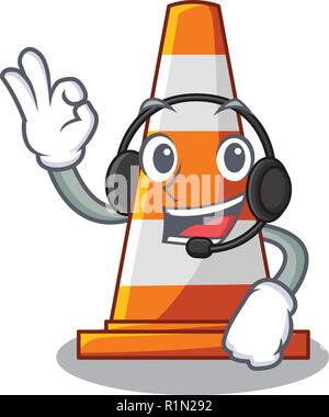 With headphone on traffic cone against mascot argaet Stock Vector