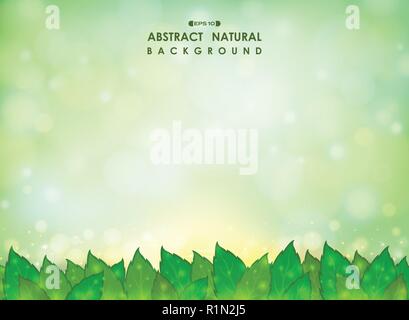 Abstract of green natural leaves background with soft green gradient bokeh glitters. illustration vector eps10 Stock Vector