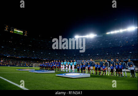 BARCELONA, SPAIN - OCTOBER 24: Teams line up prior to the Group B match of the UEFA Champions League between FC Barcelona and FC Internazionale at Camp Nou on October 24, 2018 in Barcelona, Spain.  (David Aliaga/MB Media) Stock Photo