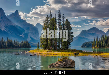 World famous Spirit Island located on Maligne Lake in Jasper National Park, Alberta Canada. Stock Photo