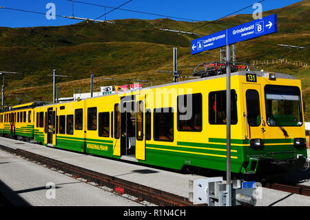 Jungfraujoch region: The Wengeralp train at Kleine Scheidegg train station in the swiss alps Stock Photo