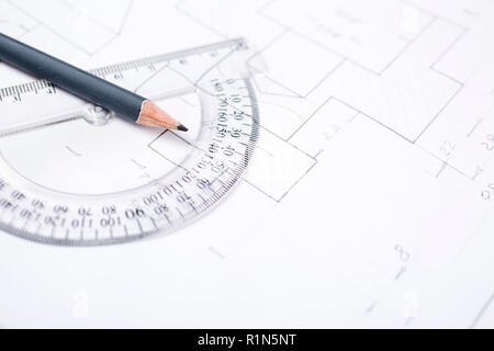 Pencil on a transparent protractor on the table in the draftsman Stock Photo