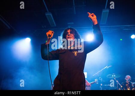 Killing Joke (vocallist Jaz Coleman) live performance in Newcastle 4th November 2018 at Northumbria Institute Stock Photo