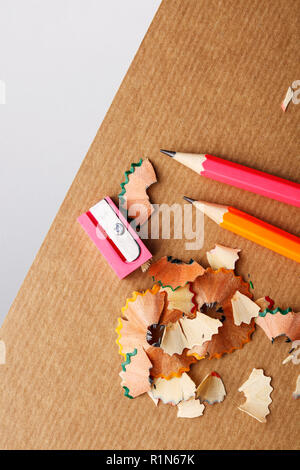 Drawing supplies: assorted color pencils. Top view, flat lay. Stock Photo