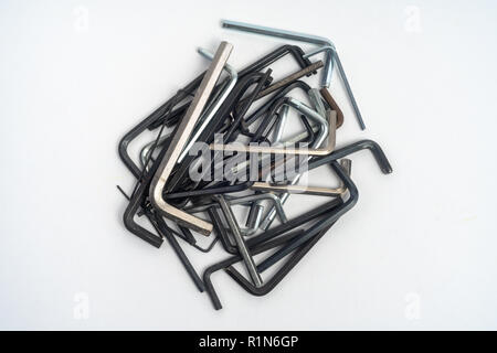hexagon kit tool or allen wrenchs set on white background Stock Photo