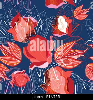 Seamless bright pattern of red tulips against a dark background. Stock Vector